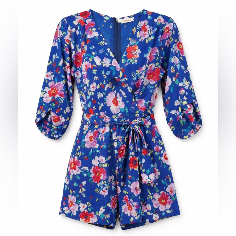 Yumi Kim Floral Romper S | Blue V-Neck Belted Mini